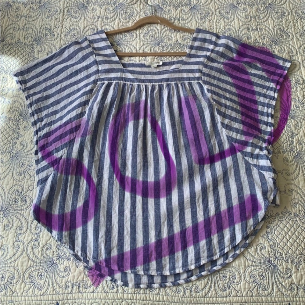 ✅S O L D ✅Women’s Linen Blue and White Striped Blouse SZ L BeachLunchLounge